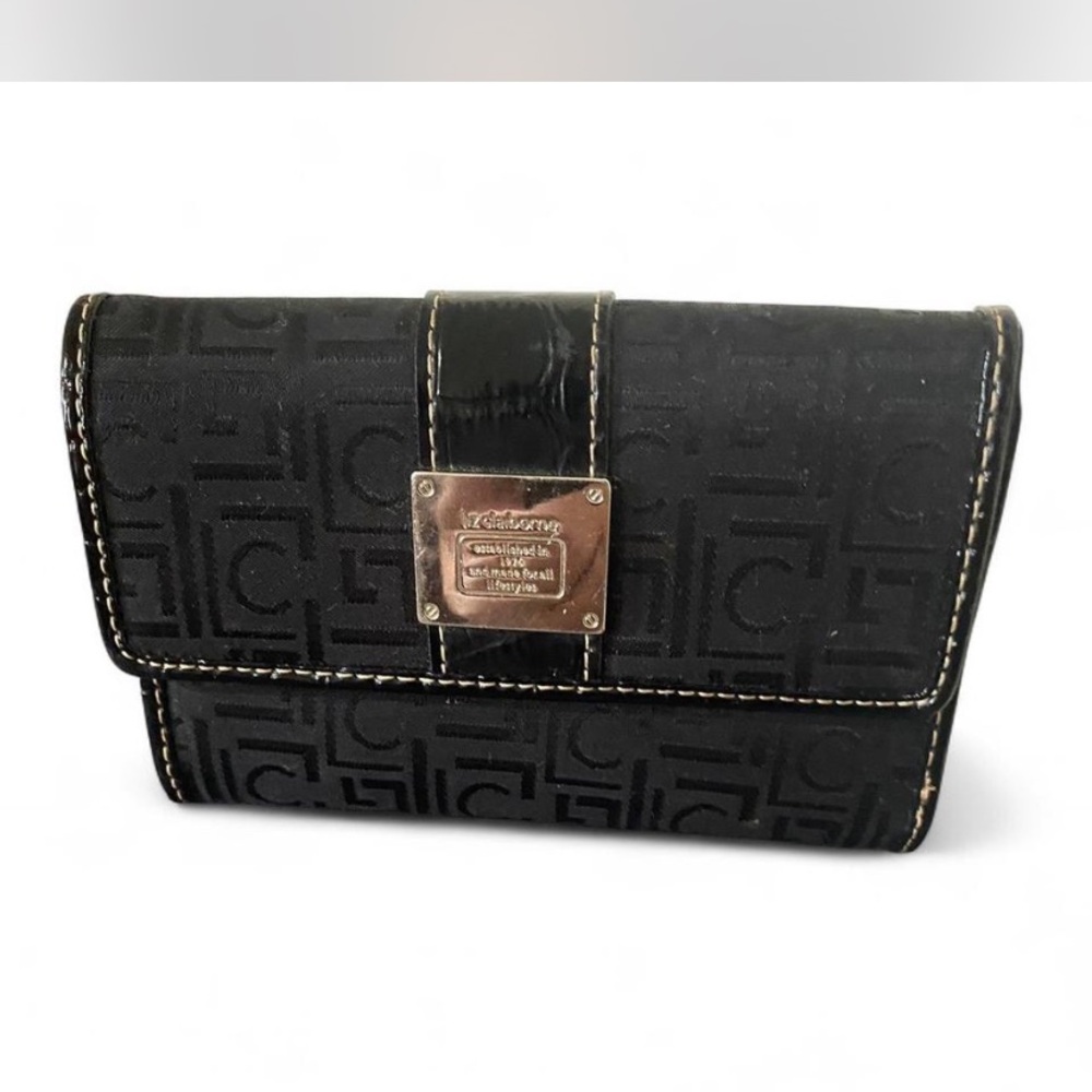 Liz Claiborne Black and Gold Wallet with Geometric Pattern
